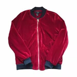 Forever 21 Women's S Red Velvet Bomber Jacket Y2K Streetwear McBling Retro Glam